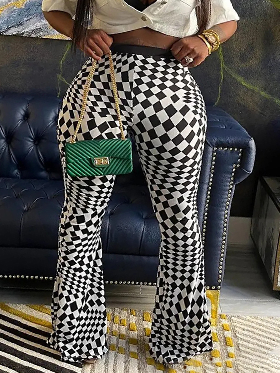 LovelyWholesale Plus Size Plaid Print Flared High Stretchy Pants Spring|Fall Casual  4X Spring Summer 2024