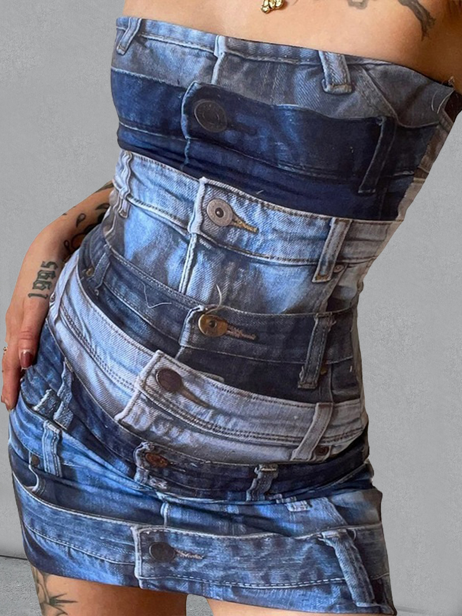 LW SXY Off The Shoulder Button Design Denim Print Dress