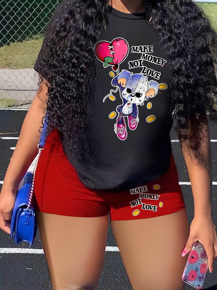 LW Plus Size Cartoon Letter Print Shorts Set