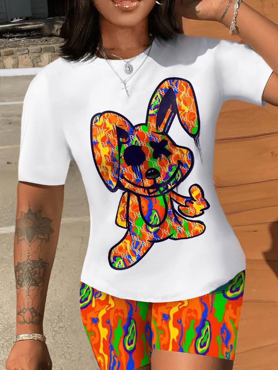 LW Round Neck Cartoon Print Shorts Set