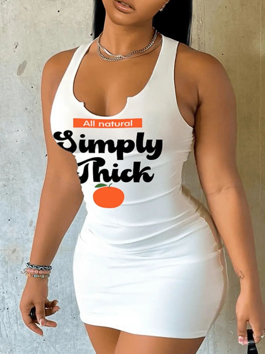LovelyWholesale Fruit Letter Print Bodycon Cami Dress Summer Sleeveless Casual Notch Neck Spring Summer 2024
