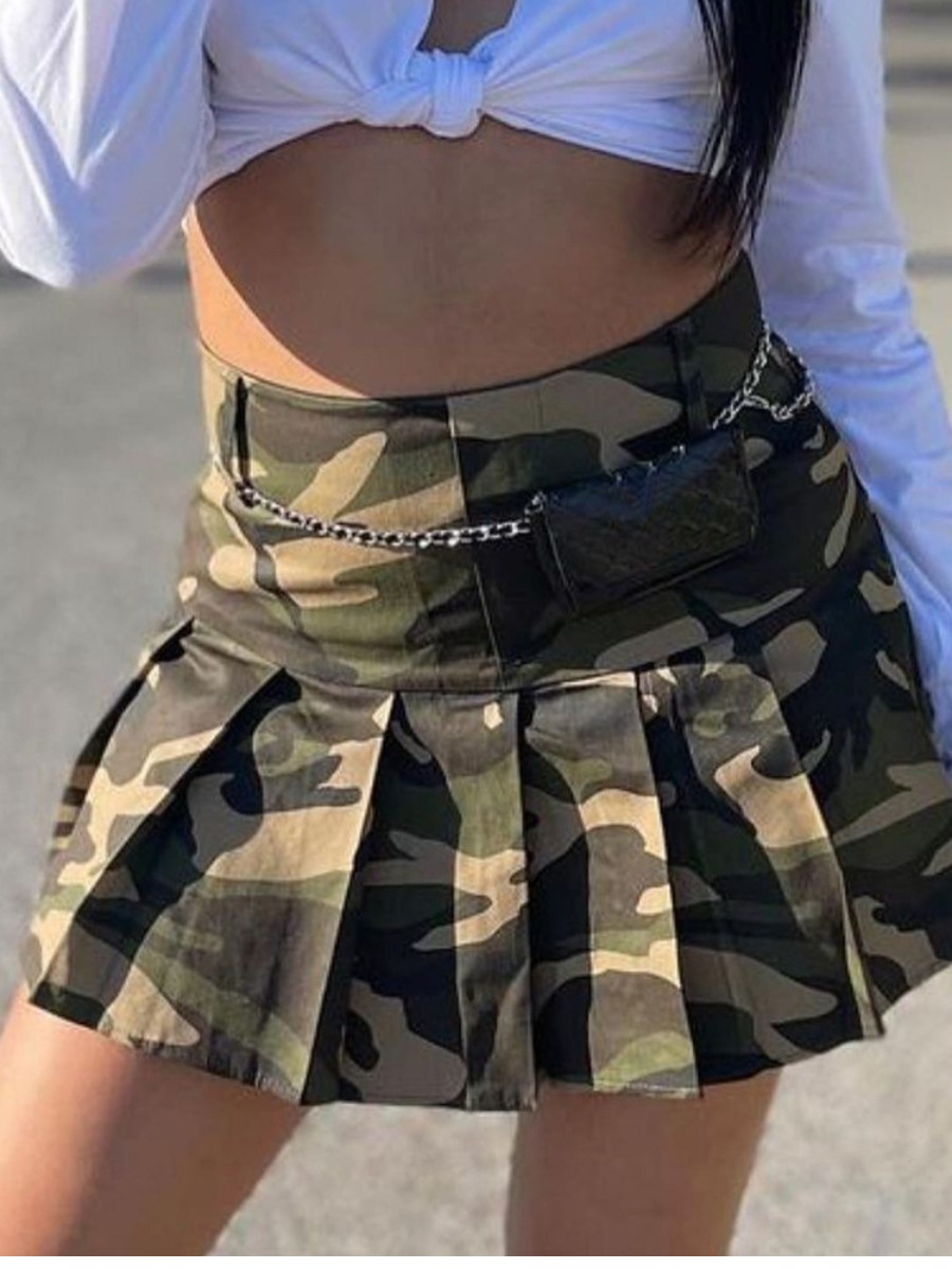 LovelyWholesale COTTON Camo Print Pleated Skirt Summer Street Spring Summer 2024