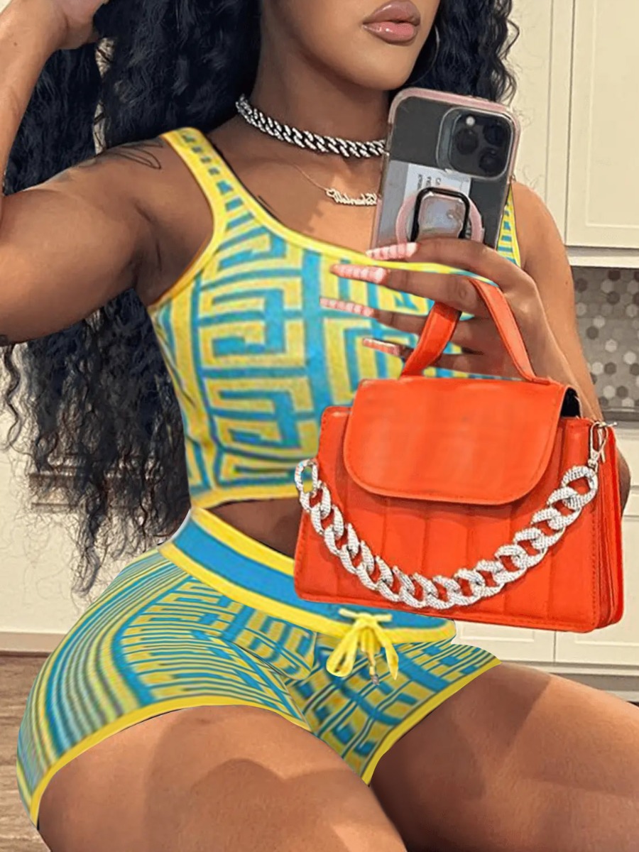 LovelyWholesale Crop Top Geometric Print Drawstring Shorts Set Summer Sleeveless Daily Crop Top U Neck Spring Summer 2024