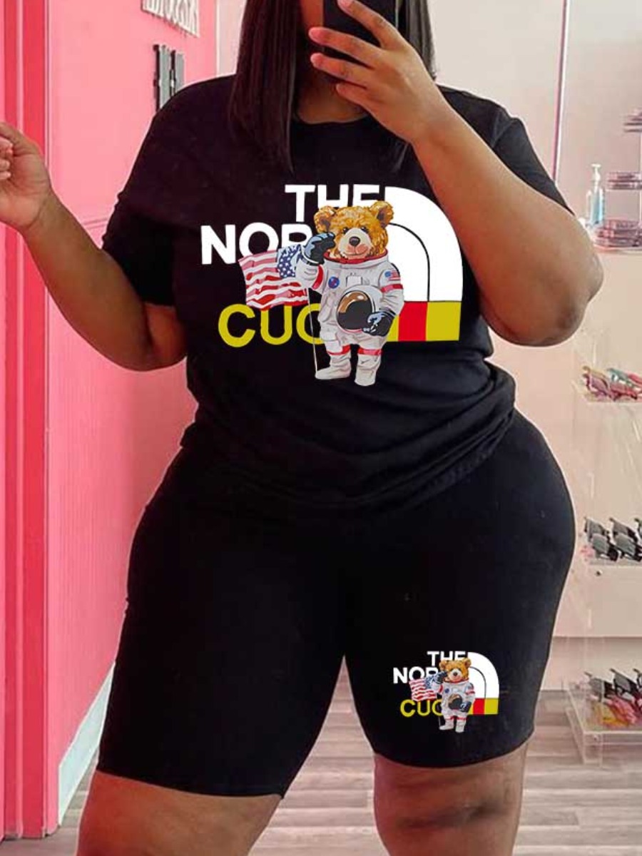 LovelyWholesale Plus Size Bear American Flag Letter Print Shorts Set Summer Short Sleeve Casual Round Neck  5X Spring Summer 2024