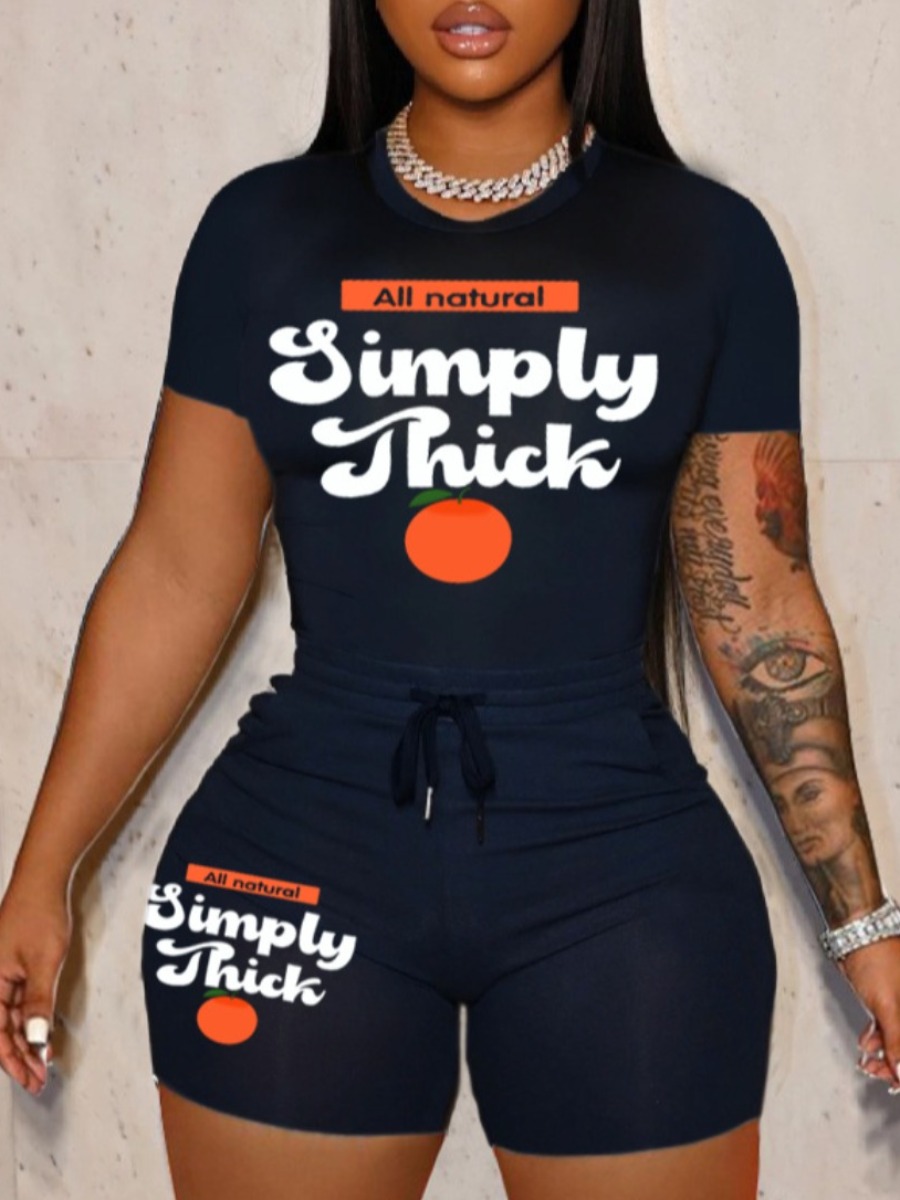 LovelyWholesale Plus Size Letter Print Drawstring Shorts Set Summer Short Sleeve Casual Pocket Design Round Neck  5X Spring Summer 2024