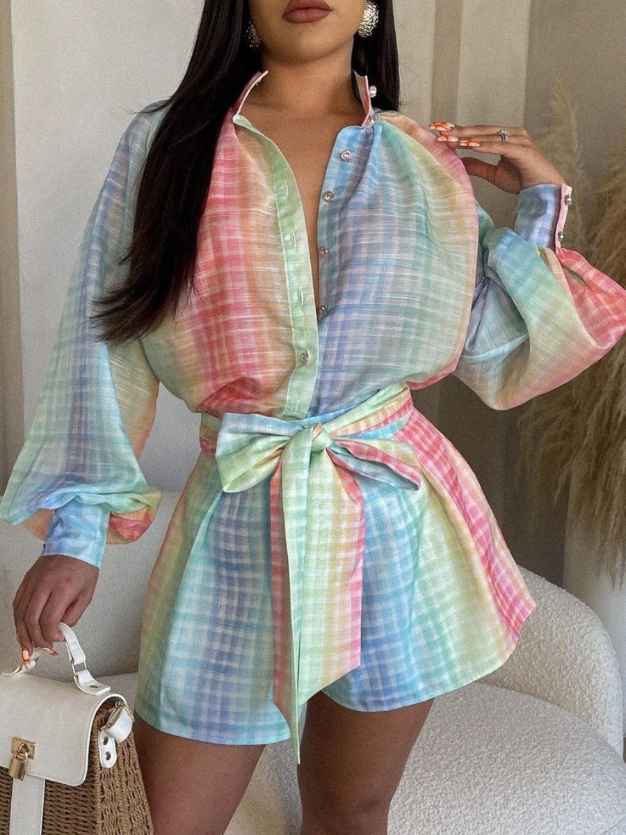 LovelyWholesale Gradient Plaid Print Bandage Design Romper Spring Long Sleeve Vacation Bandage Design Turndown Collar Spring Summer 2024