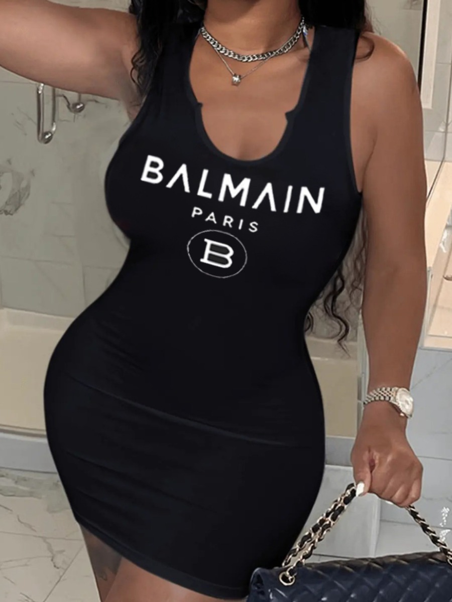LovelyWholesale Plus Size Letter Print Bodycon Cami Dress Summer Sleeveless Casual V Neck  5X Spring Summer 2024
