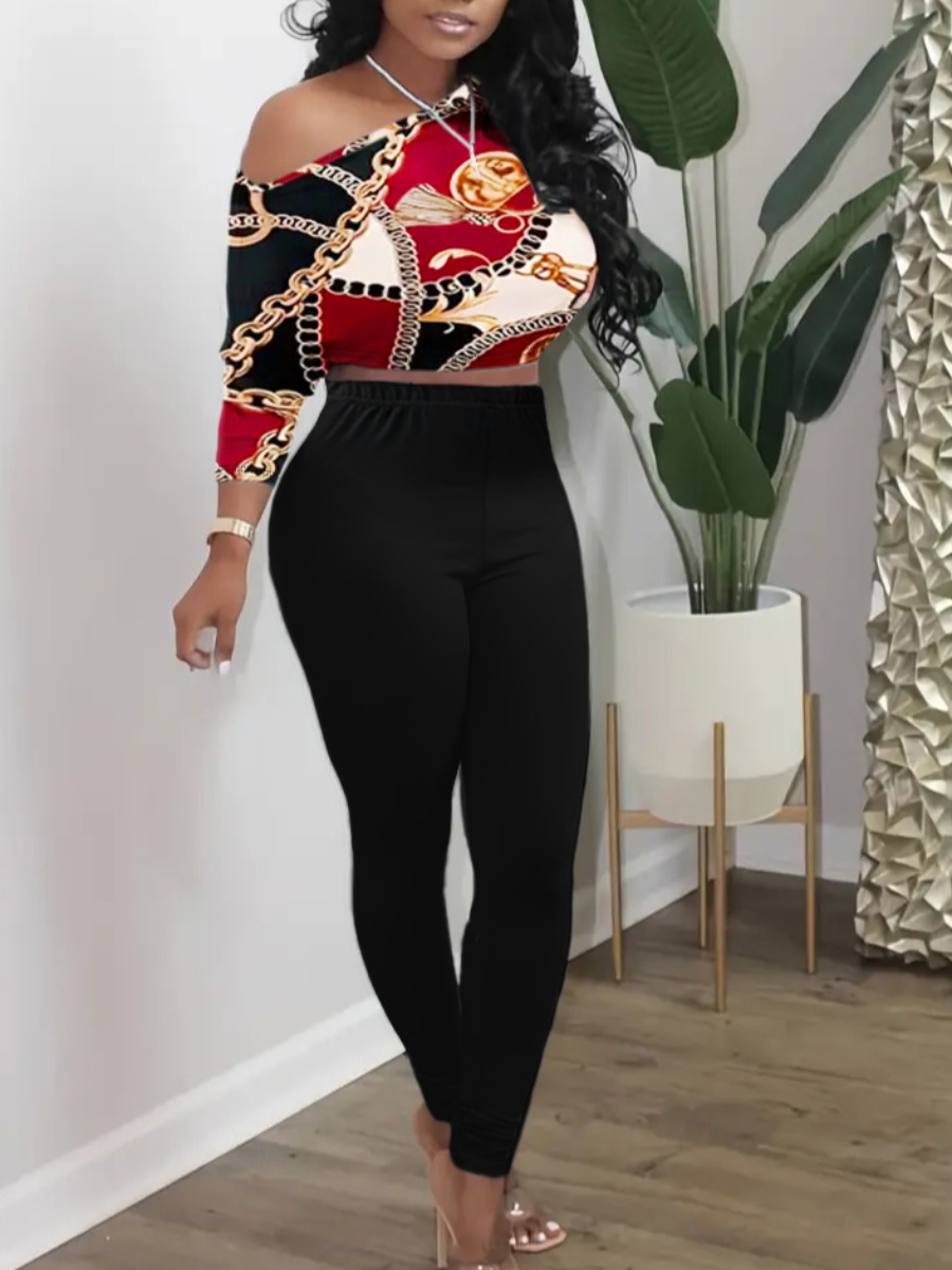 LW One Shoulder Crop Top Chain Print Pants Set