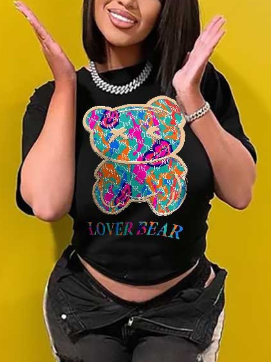 LovelyWholesale Lover Bear Letter Print T-shirt Summer Short Sleeve Casual Pattern Round Neck Spring Summer 2024