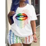 LW Plus Size Round Neck Lip Print Shorts Set