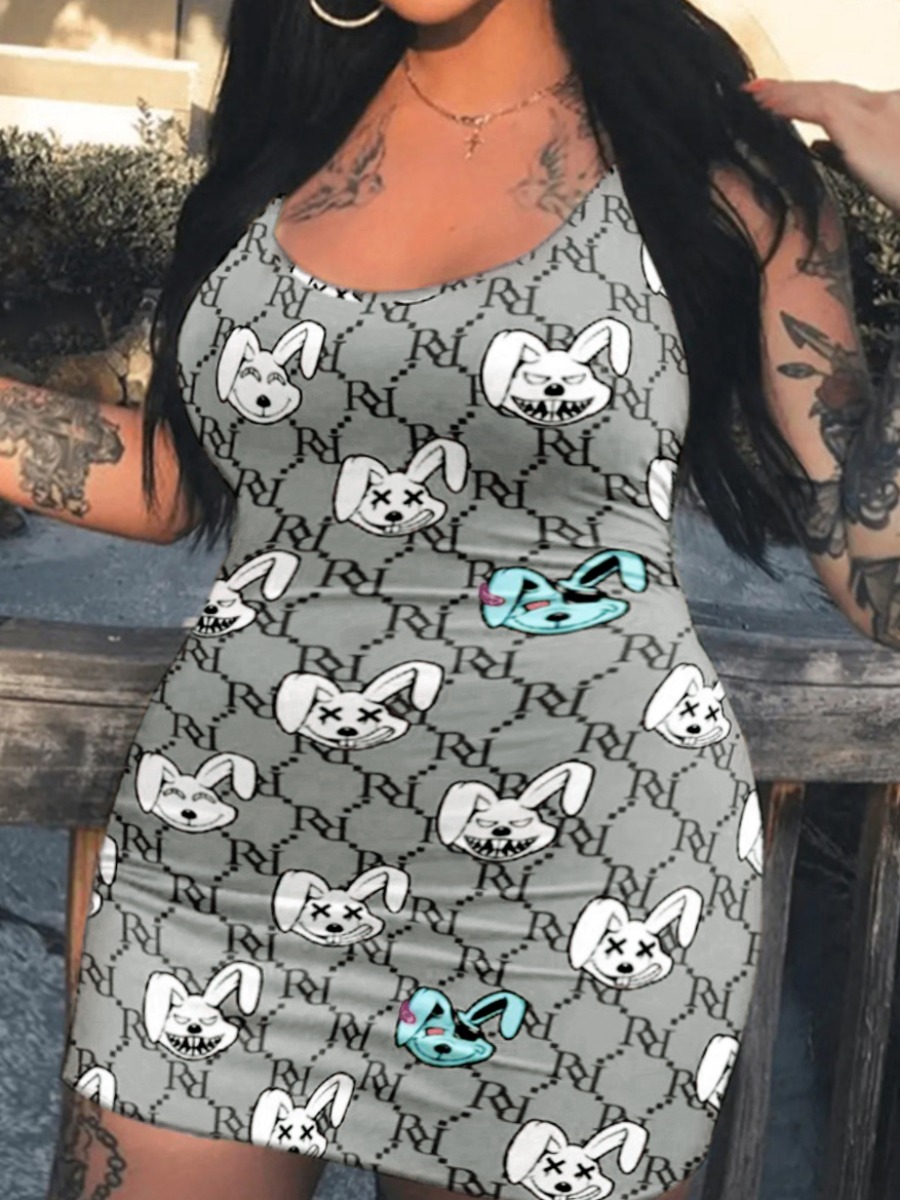 LW SXY Plus Size Cartoon Letter Print Bodycon Dres