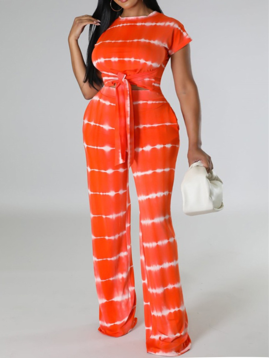 LW Plus Size Striped Bandage Design Wide Leg Pants Set