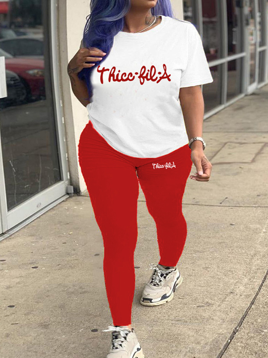 LovelyWholesale Plus Size Letter Print Skinny Pants Set Spring Short Sleeve Casual Round Neck  5X Spring Summer 2024