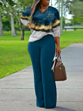 LW Plus Size V Neck Mixed Print side Split Pants Set
