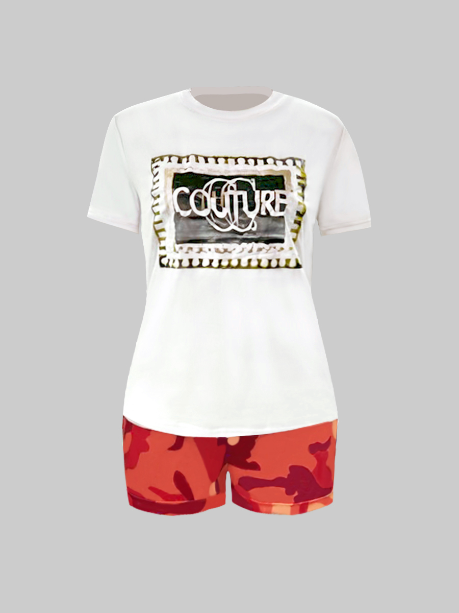 LW Leisure Camo Print Orange Two-piece Shorts Set