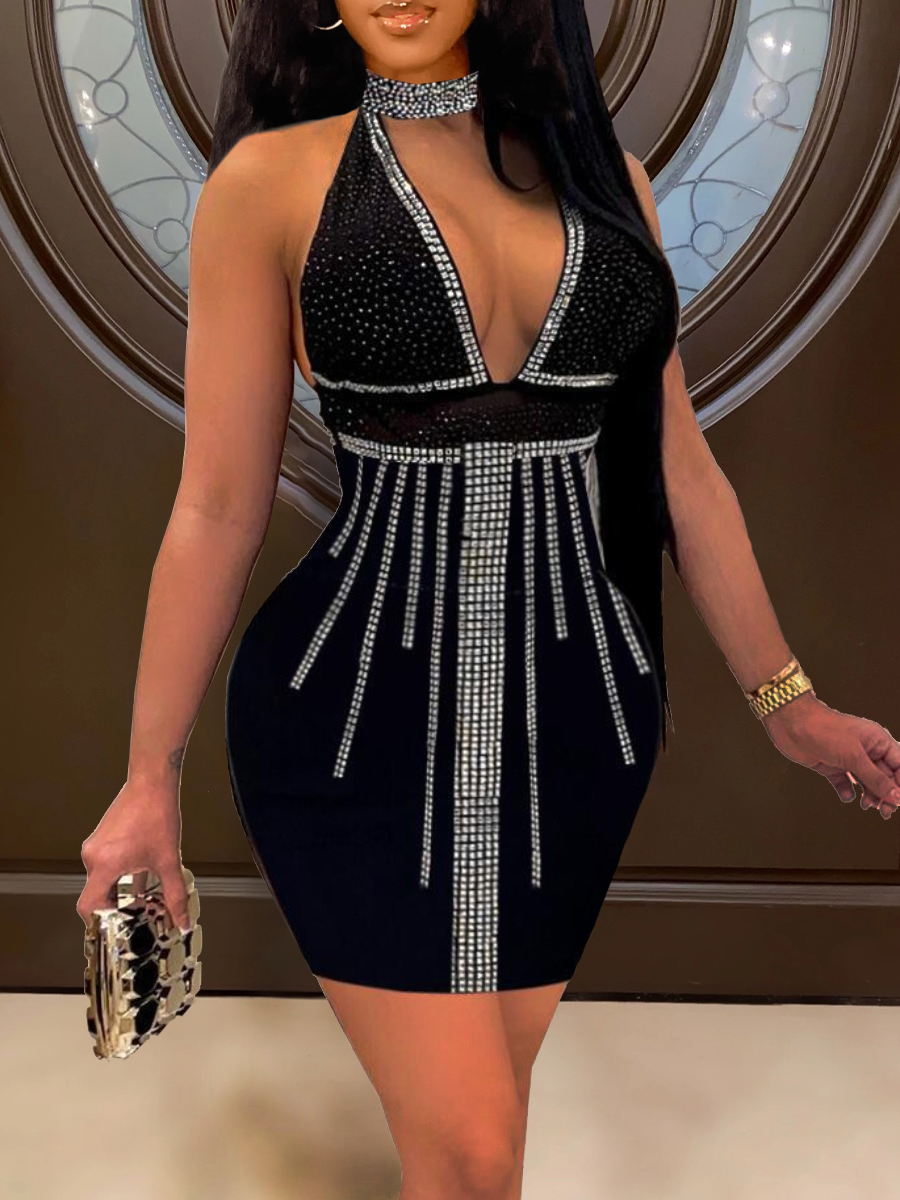 LovelyWholesale SXY Backless Rhinestone Bodycon Prom Dress All Seasons Sleeveless Sxy Asymmetrical Halter Spring Summer 2024