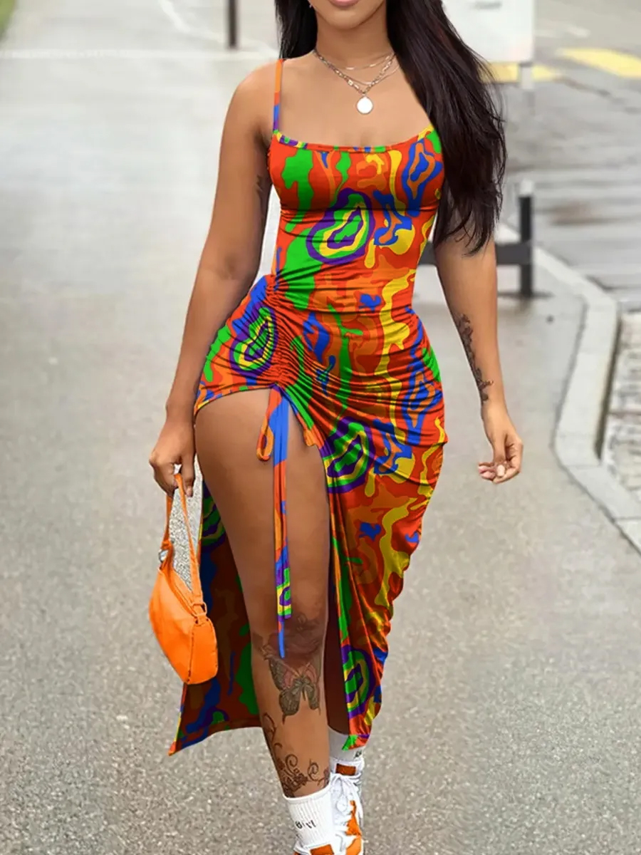 LW SXY Mixed Print Drawstring Thigh Slit Bodycon Dress