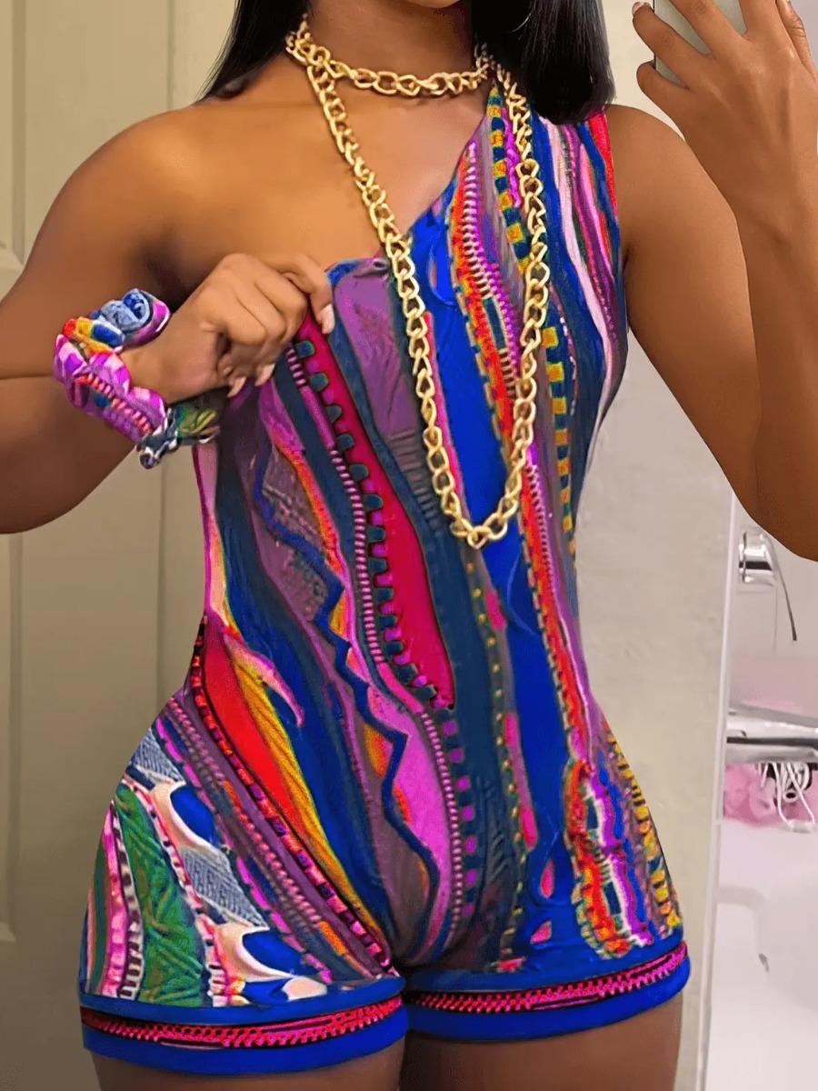 LW One Shoulder Tribal Mixed Print Romper