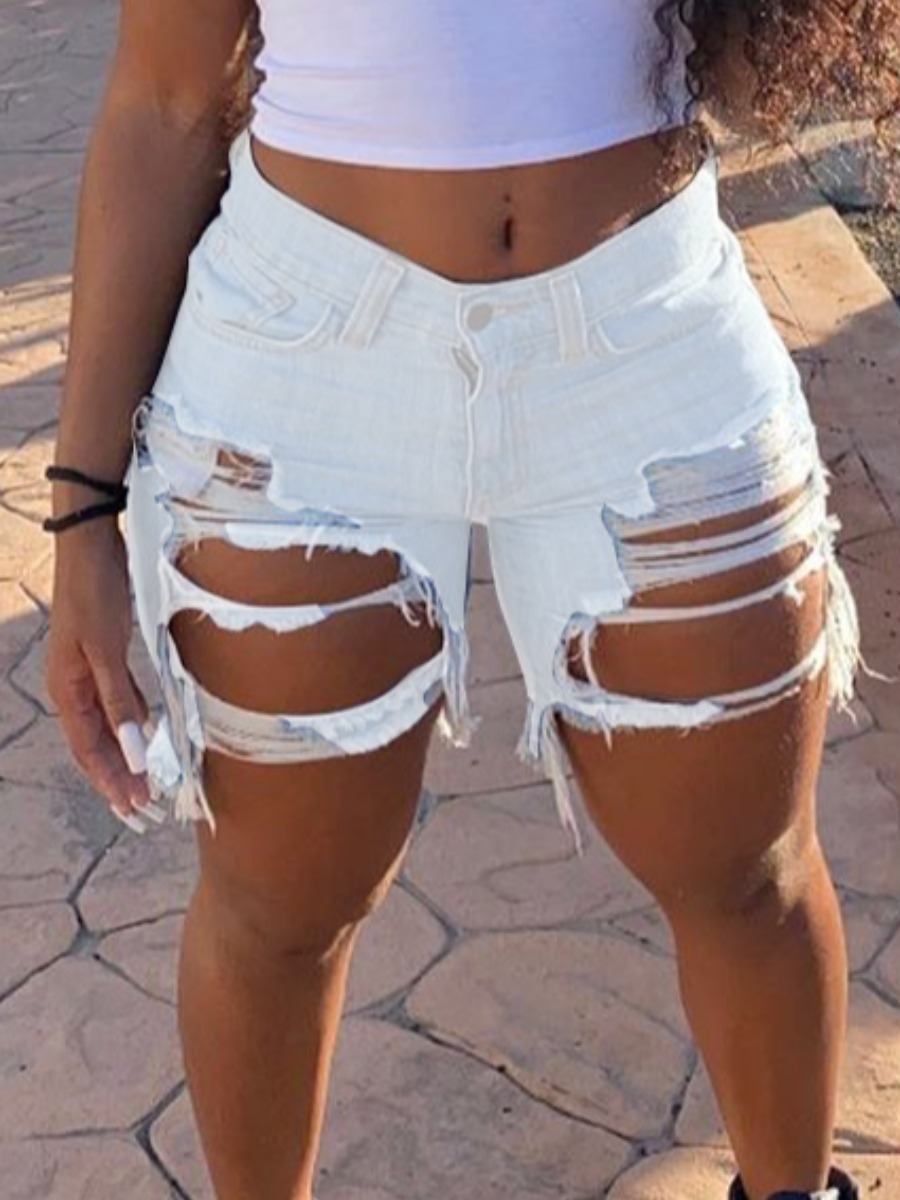 LW Mid Waist Ripped Not Stretchy Denim Shorts