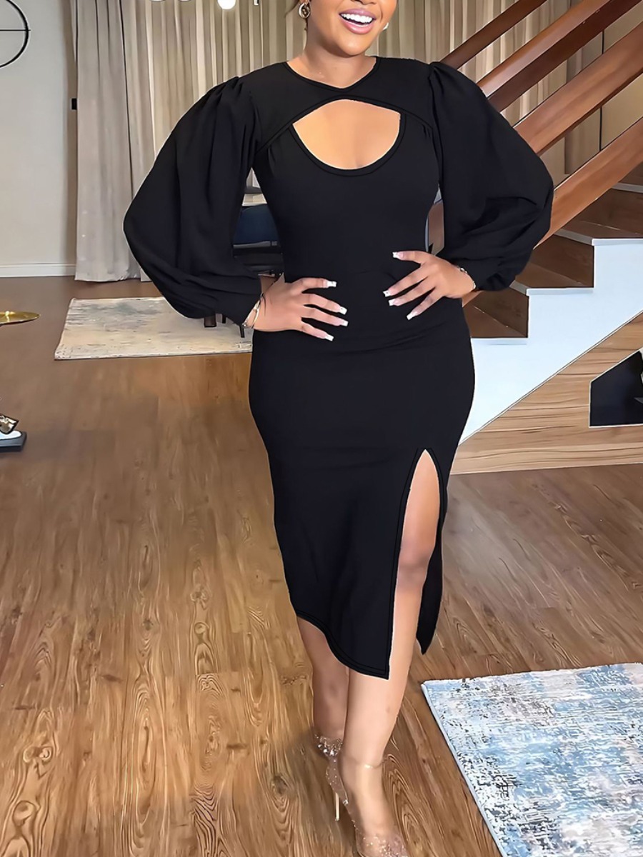 LW BASICS Plus Size Lantern Sleeve Cut Out Slit Dress