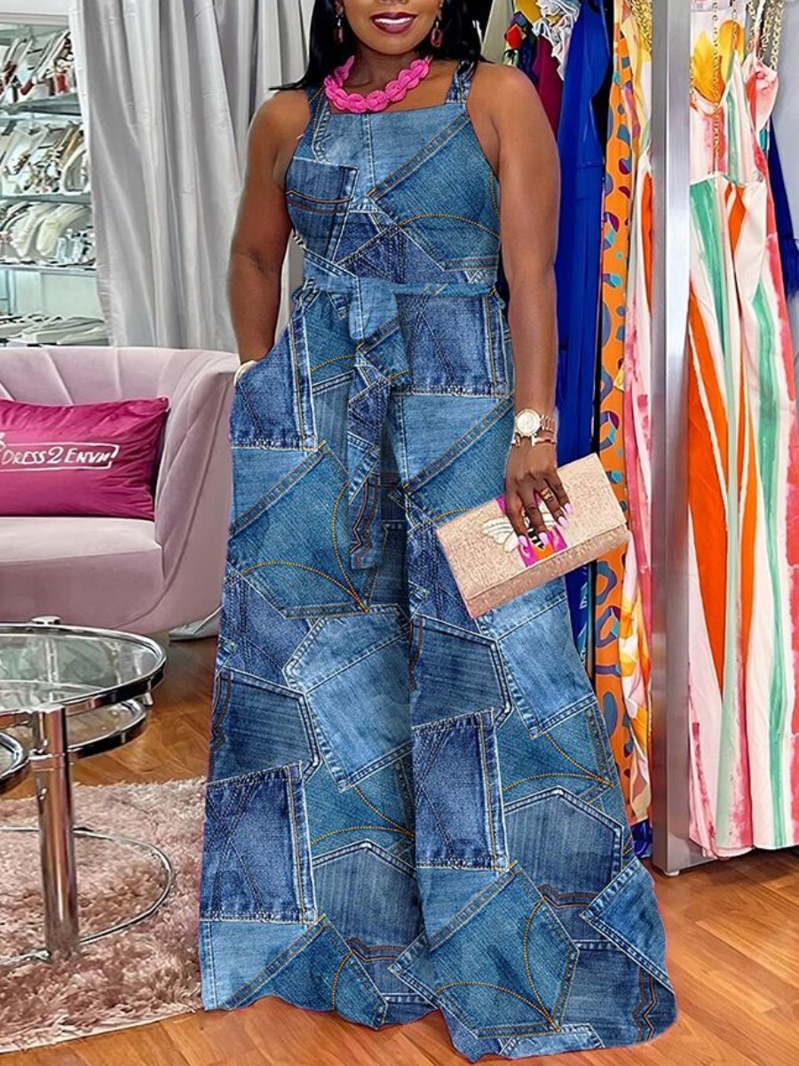 LW Plus Size Imitation Denim Bandage Design Wide Leg Jumpsuit