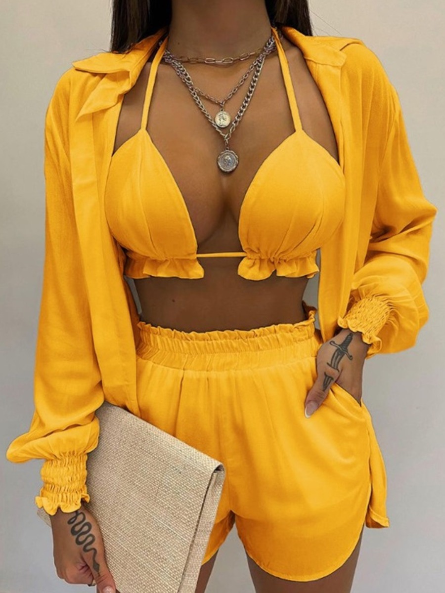 LovelyWholesale Plus Size Lantern Sleeve Ruffle Trim Three-piece Shorts Set Spring Long Sleeve Vacation Pocket Design Shirt Spring Summer 2024