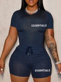LW Plus Size Essentials Letter Print Drawstring Shorts Set