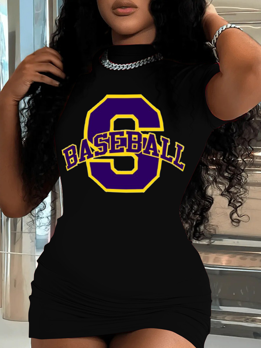 LovelyWholesale Baseball Letter Print Bodycon Dress Summer Short Sleeve College Wrap Mock Neck Spring Summer 2024