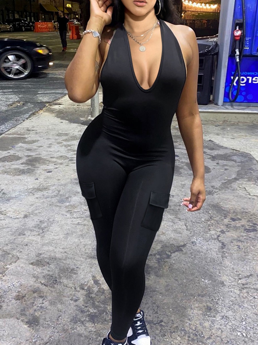 LW Backless Side Pocket Skinny Jumpsuit