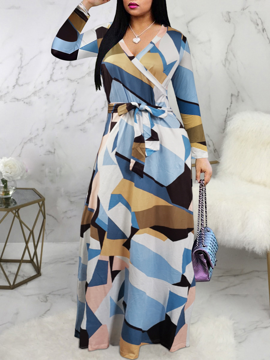 LW BASICS Mixed Print Bandage Design Wrapped A Line Dress