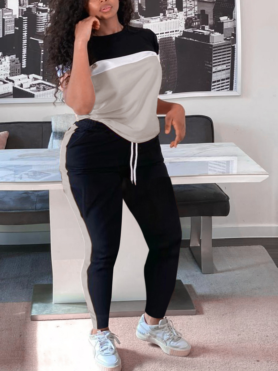 LovelyWholesale Plus Size Striped Patchwork Drawstring Pants Set Spring Short Sleeve Casual Patchwork Round Neck  5X Spring Summer 2024