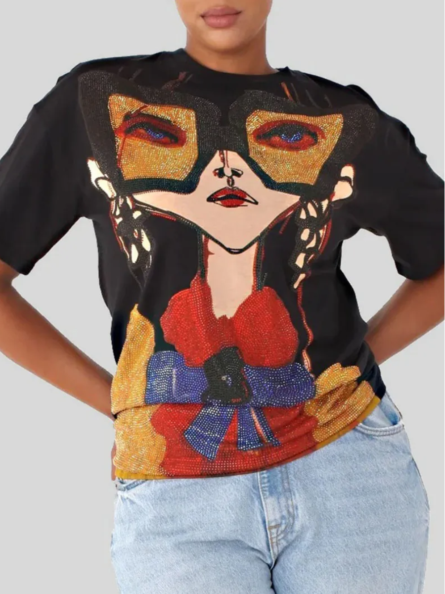 LW COTTON Dropped Shoulder Sequined Figure Print T-shirt