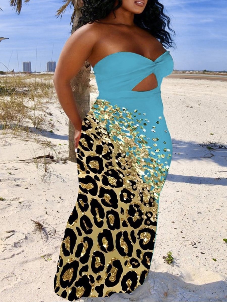 LovelyWholesale SXY Plus Size Ruched Leopard Printed Skinny Dress Summer Sleeveless Sxy Ruched Strapless  3X Spring Summer 2024