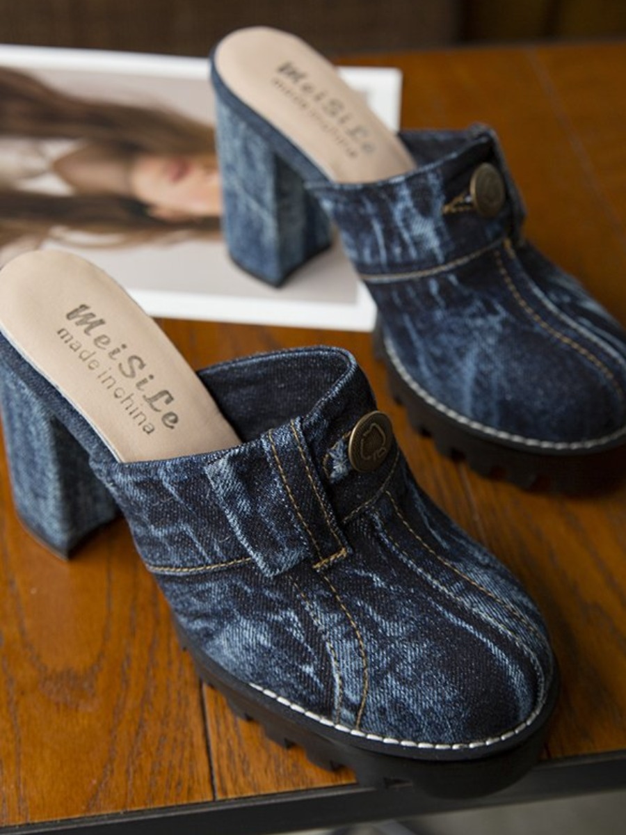 LovelyWholesale Round Toe Denim Heels Summer Stylish Spring Summer 2024