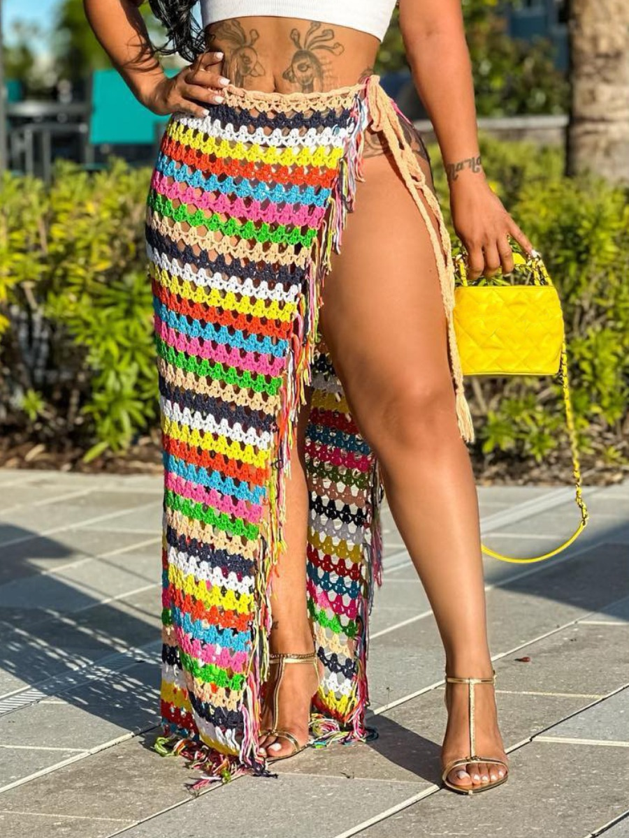 LW Handmade Mesh Tassel Design Striped Skirt