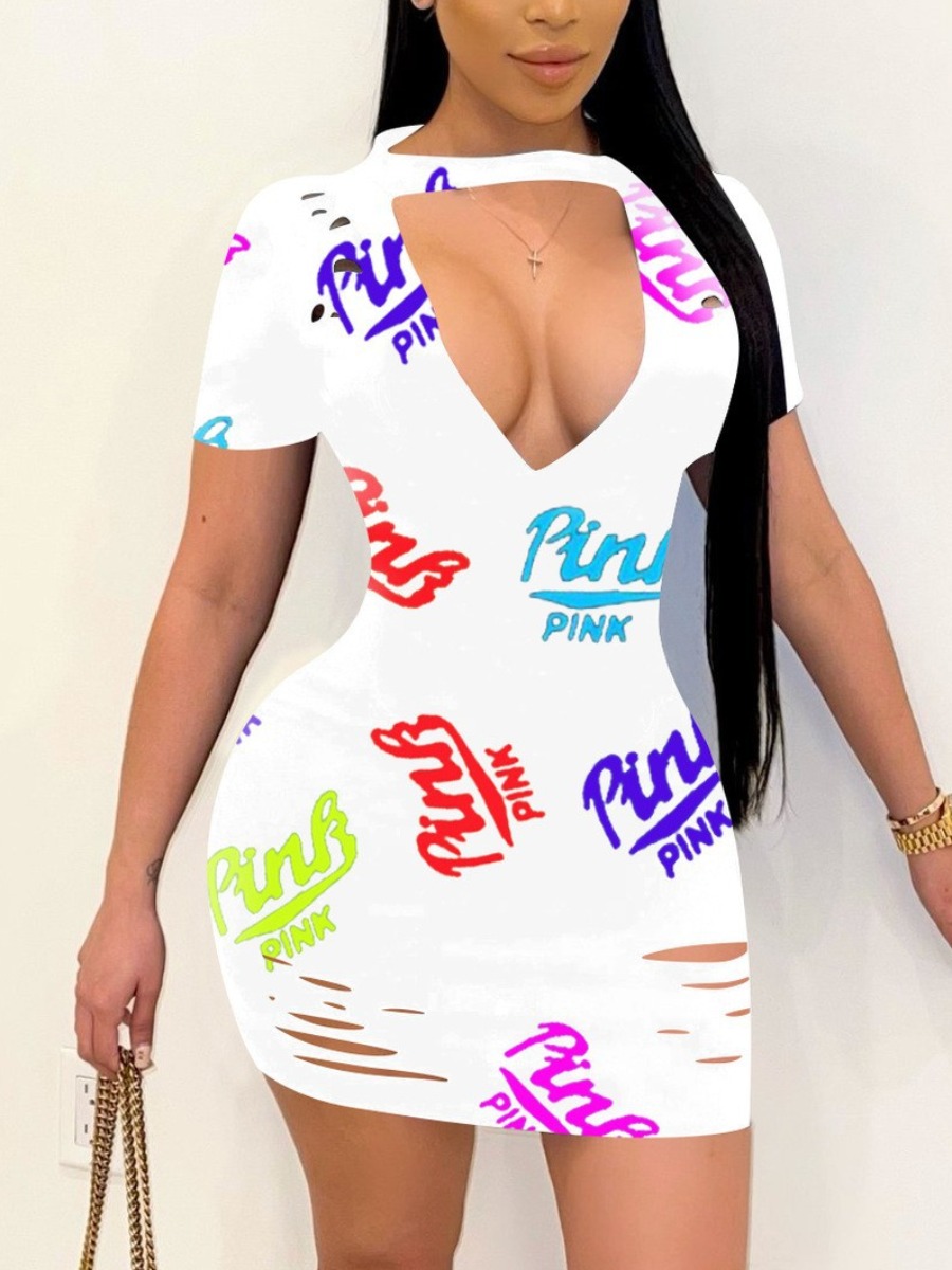 LW Plus Size Pink Letter Print Cut Out Bodycon Dre