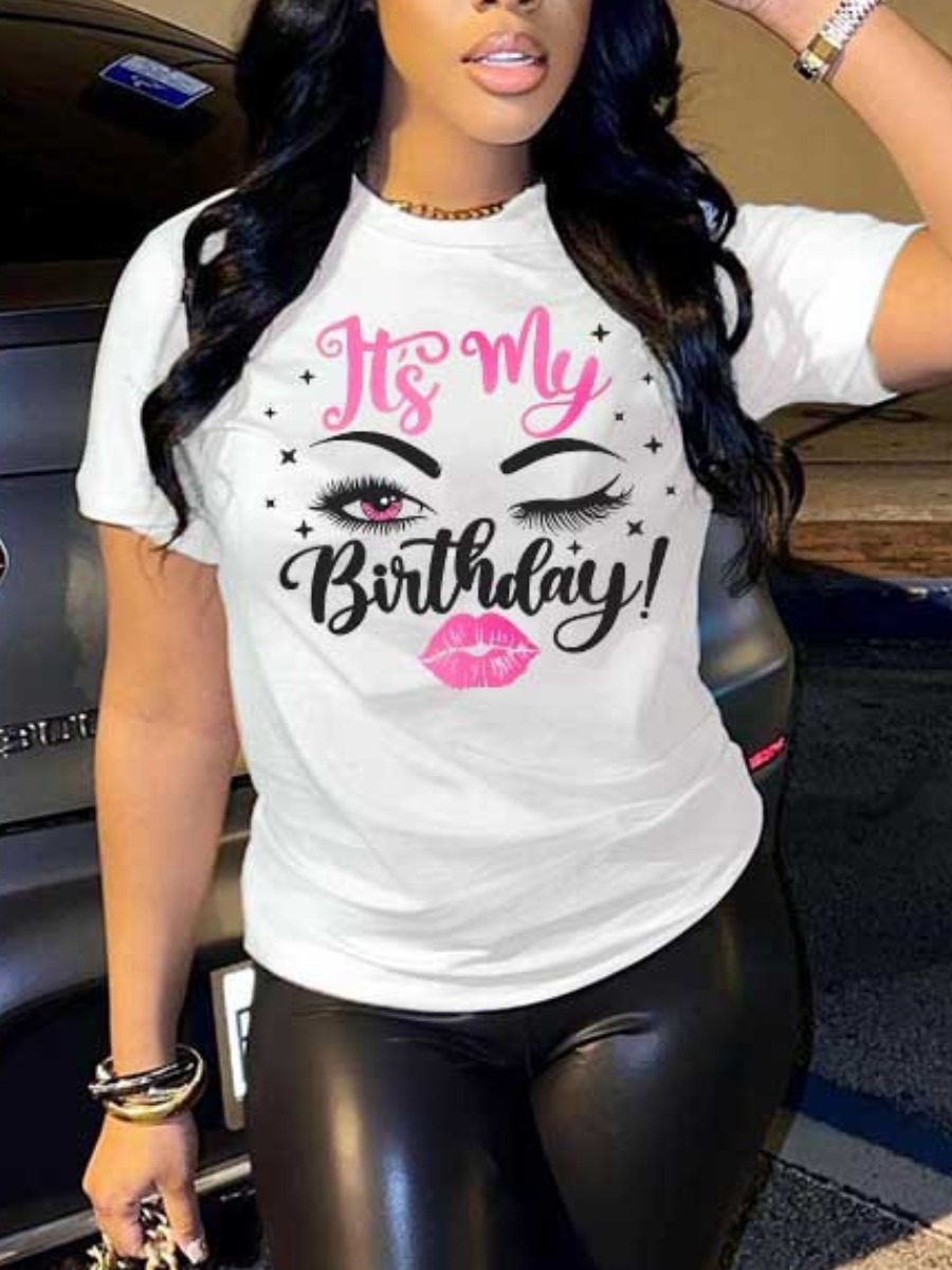 LovelyWholesale Plus Size Lip Letter Print T-shirt Summer Short Sleeve Casual Pattern Round Neck  5X Spring Summer 2024