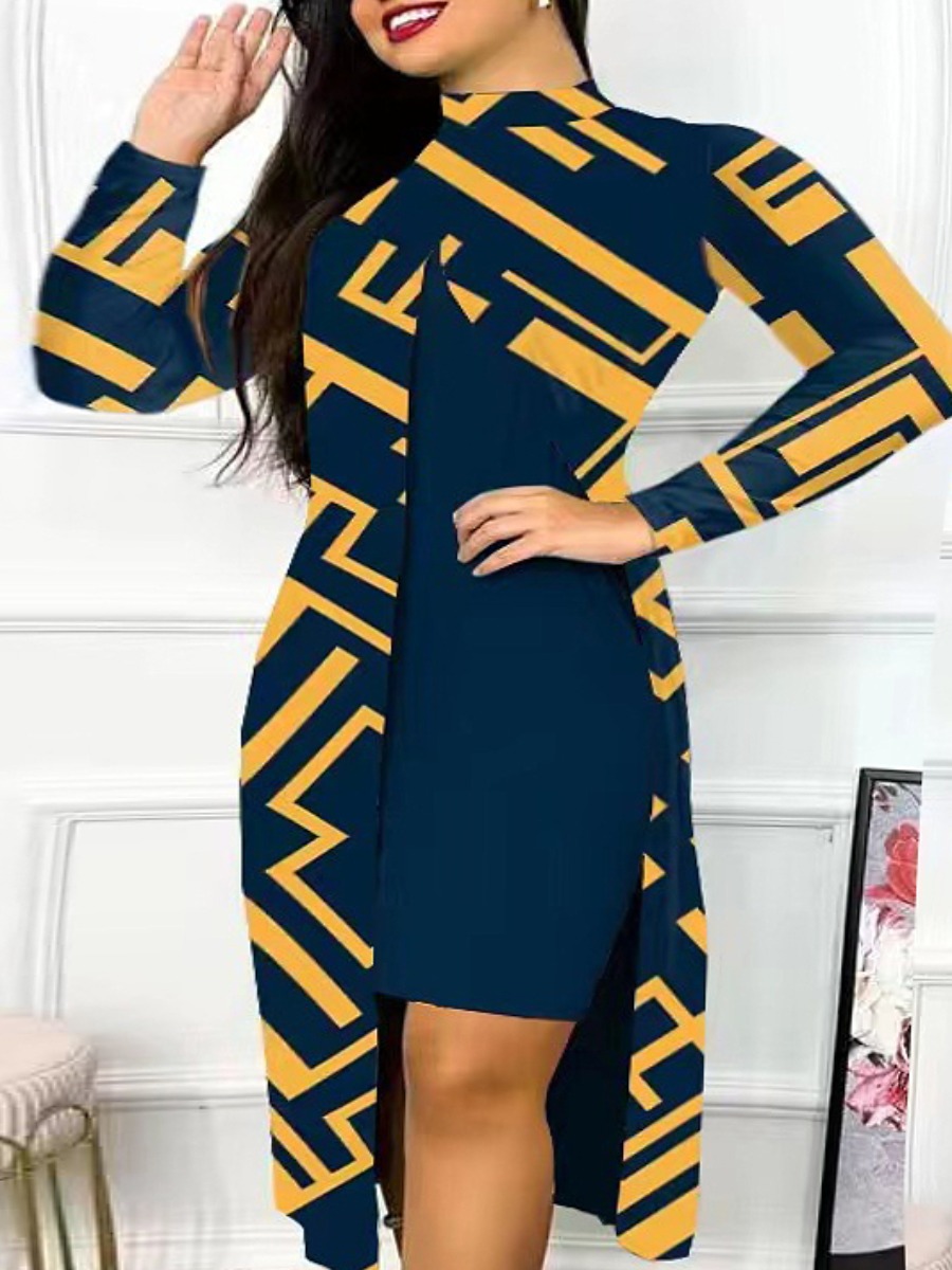 LovelyWholesale Plus Size Geometric Print High Split Dress Set Spring Long Sleeve Elegant High Split Round Neck  3X Spring Summer 2024