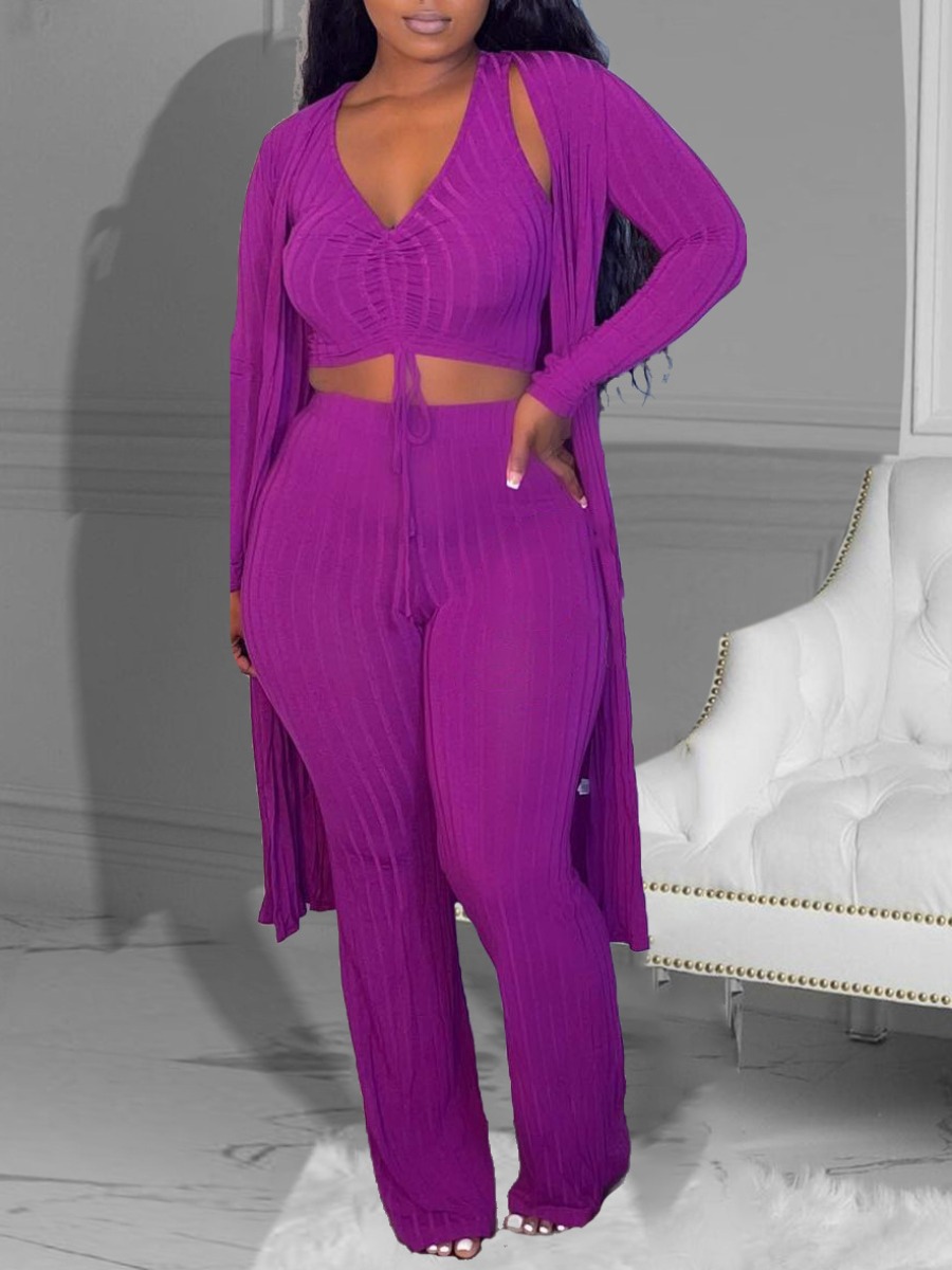 LovelyWholesale Plus Size Crop Top Rib Knit Flared Pants Set Fall Long Sleeve Elegant V Neck  3X Spring Summer 2024