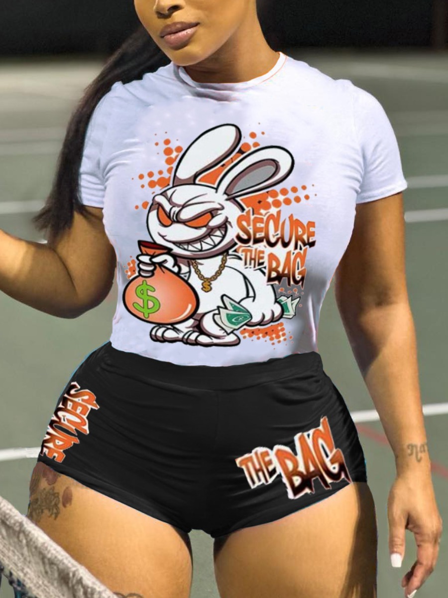LW Plus Size Cartoon Letter Print Shorts Set