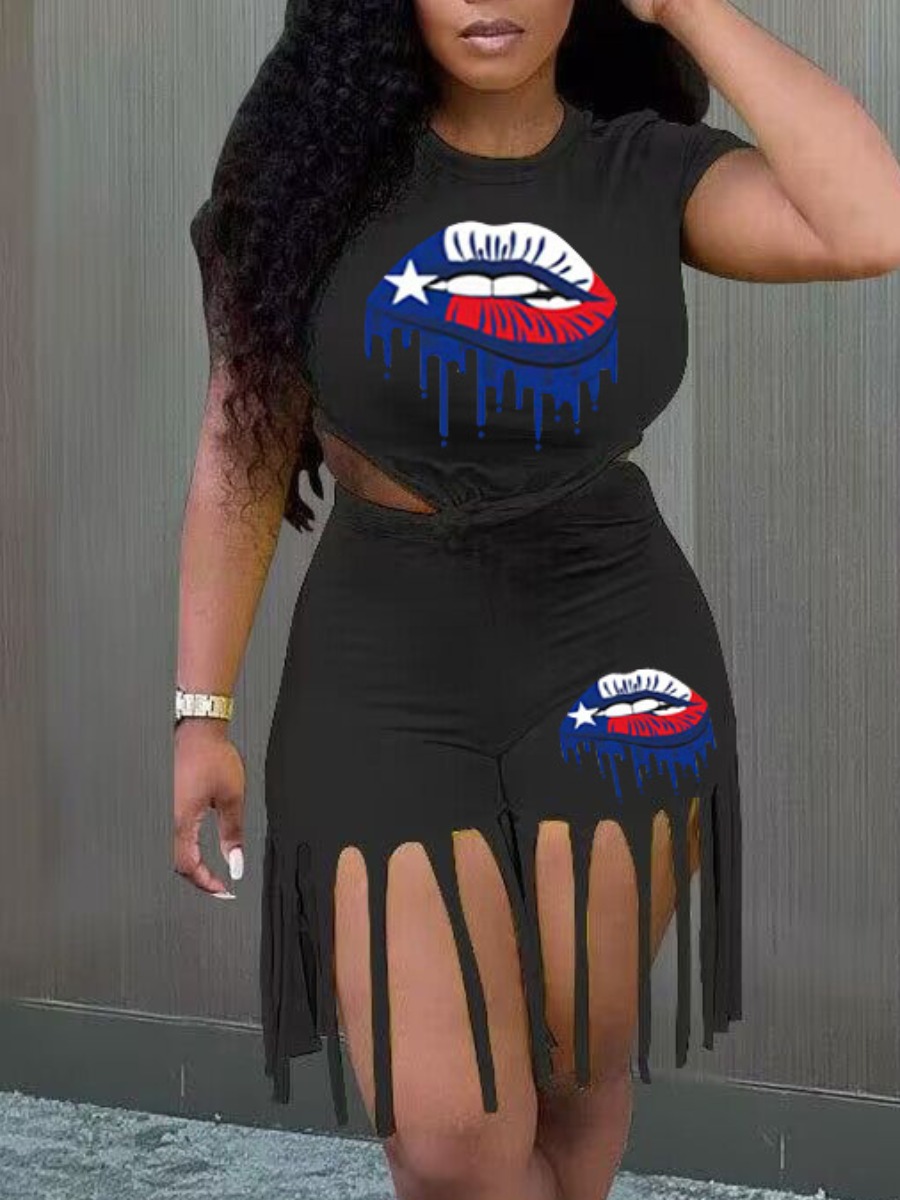 LW Plus Size Star Lip Print Tassel Design Shorts Set