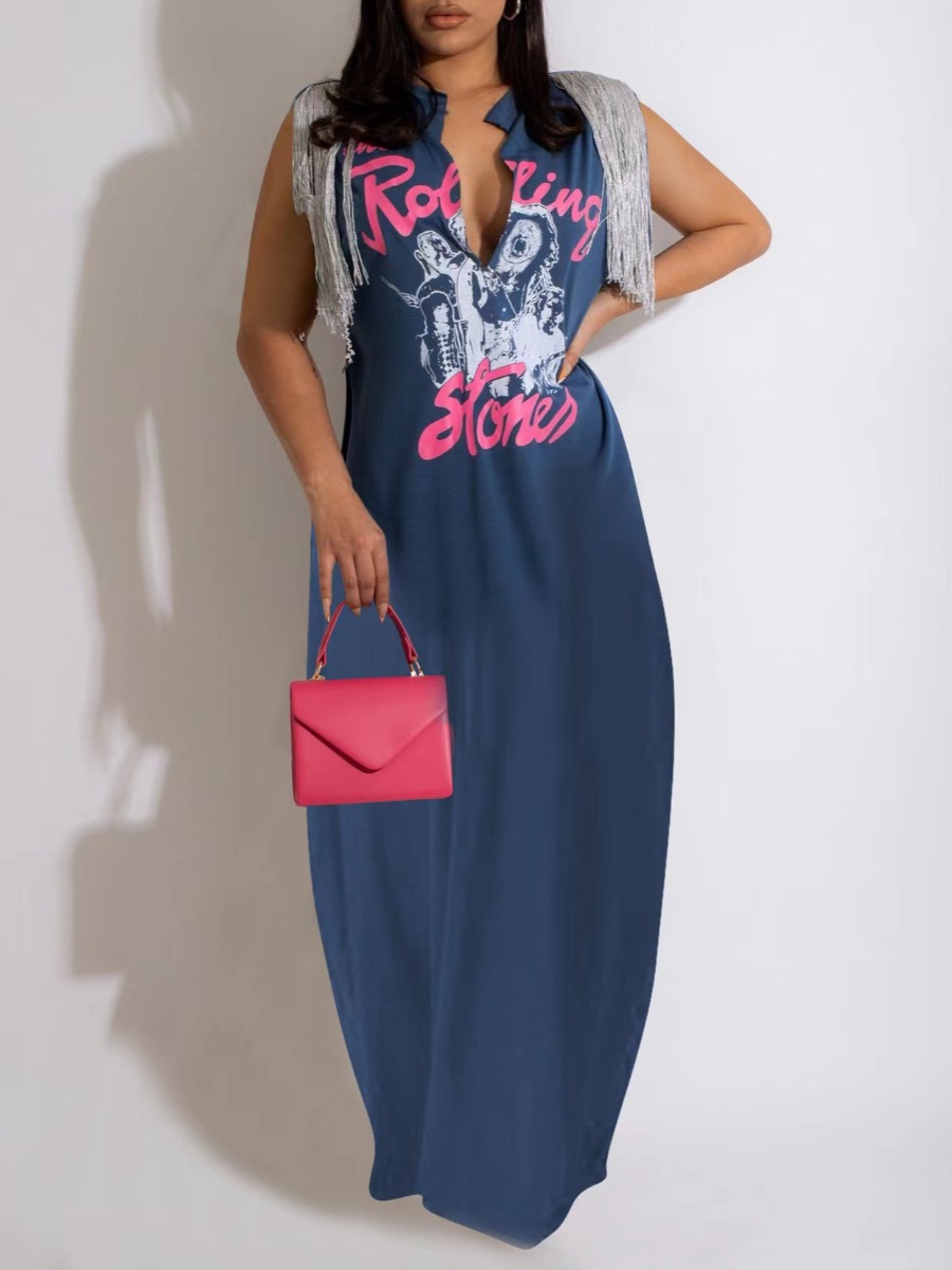LW Plus Size Tassel Design Pattern Print Printed Loose Prom Dress