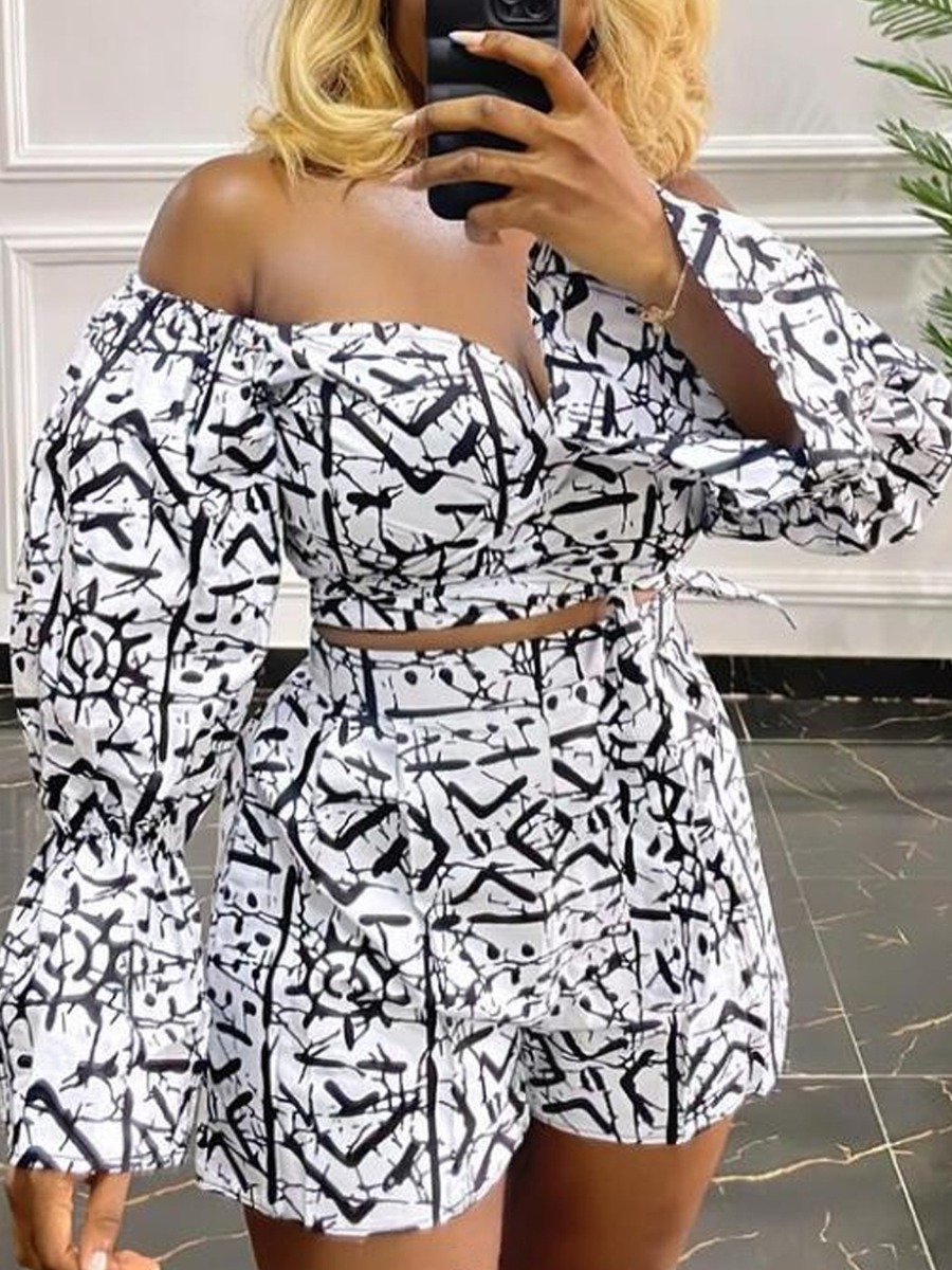 LW Plus Size Off The Shoulder Print Drawstring Shorts Set