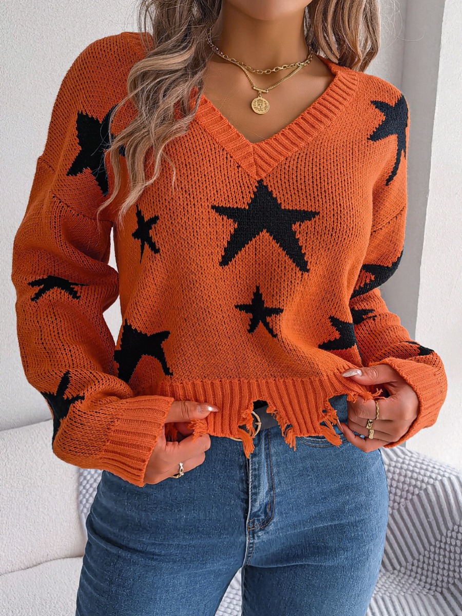 LW Dropped Shoulder Star Print Raw Edge Sweater