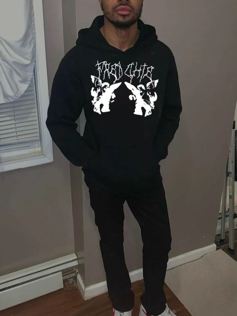 LW Men Figure Letter Print Kangaroo Pocket Tracksuit Set