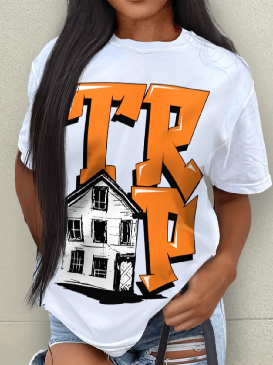 LovelyWholesale COTTON Graffiti Letter Print T-shirt Summer Short Sleeve Casual None Round Neck Spring Summer 2024