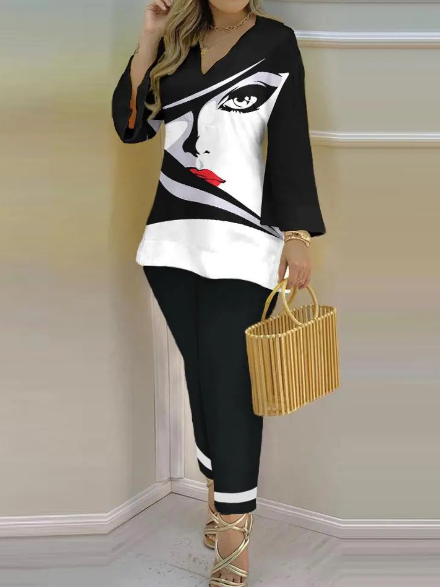 LW Plus Size V Neck Figure Print Pants Set