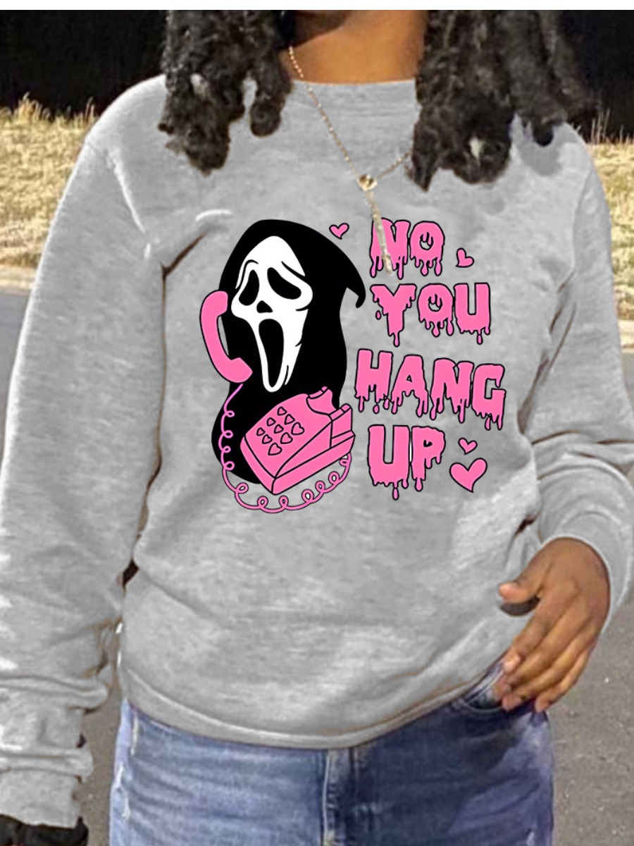 LovelyWholesale Plus Size Skull Head Letter Print Sweatshirt Fall Long Sleeve Casual Pink Round Neck  5X Spring Summer 2024