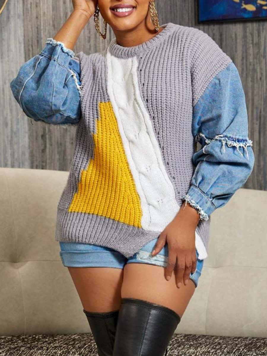 LovelyWholesale Plus Size Dropped Shoulder Denim Patchwork Sweater Fall|Winter Long Sleeve Casual Patchwork Round Neck  3X Spring Summer 2024