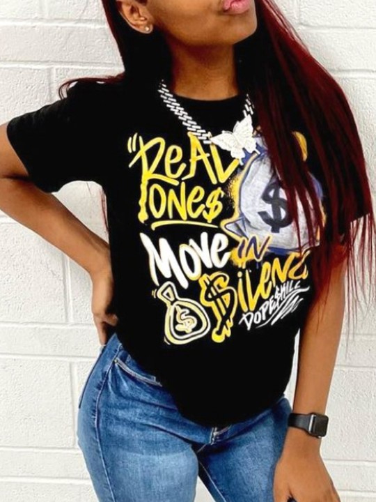LovelyWholesale Plus Size Money Bag Letter Print T-shirt Summer Short Sleeve Casual Pattern Round Neck  5X Spring Summer 2024